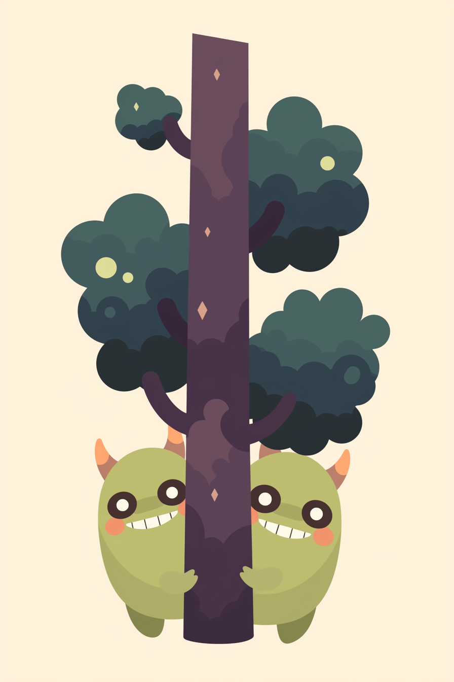 cute halloween drawings for kids, featuring two adorable green monsters playing hide and seek behind a dark tree with intriguing details.
